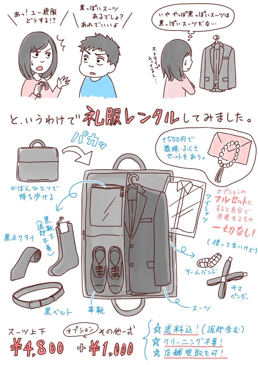 たまにしか使わないものを借りて乗り切る、というのは物を増やさないいい手ですよね。 夫の喪服は6年前からネットでレンタルしています。法事の少ない若い人などはレンタルで十分だと思う。 まあ、夫がレンタルなのは若い人だからではなく、年々サイズアップしているからですが…。