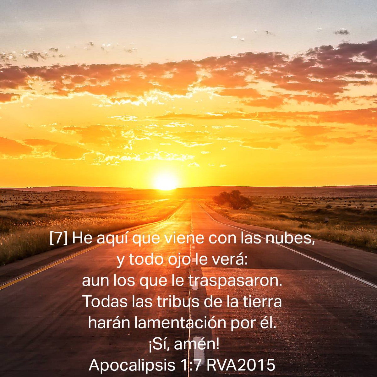 Apocalipsis 1:7 RVA2015
[7] He aquí que viene con las nubes, y todo ojo le verá: aun los que le traspasaron. Todas las tribus de la tierra harán lamentación por él. ¡Sí, amén!

bible.com/bible/1782/rev…