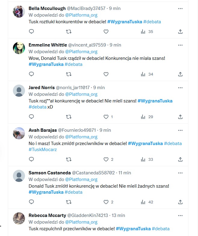 Fahrenwirst's tweet photo. @R_A_Ziemkiewicz Tuż po #debata sztab PO uruchomił armię zakupionych latem botów, głównie w USA. W komentarzach na TT pod występie #Tusk można było zobaczyć setki takich samych lub podobnych wpisów. To tylko pokazuje, z jakimi oszustami mamy do czynienia 👇 https://t.co/PhgemUX5HS