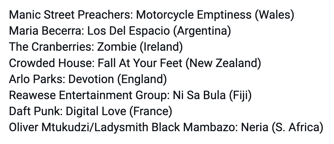 Saturday's #TrustTheDocRadio #ShowCloser is about the #RugbyUnionWorldCupQuarterFinals with 1 track representing each of the 8 countries who qualified. So, in match order, the attached are the candidates. Pick 1 by replying here or via DM or exilefm.com shoutbox.