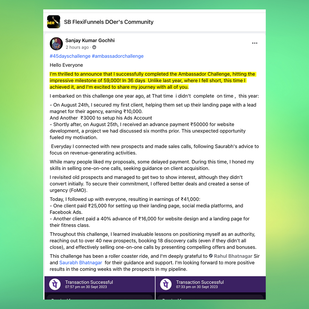 We are super proud and happy to announce that Mr. Sanjay Kumar Gochhi has become the new FlexiFunnels Ambassador by generating revenue of Rs 59k in just 36 days by selling his Funnel design, and website design services using FlexiFunels.

#flexifunnels #flexifunnelsambassador