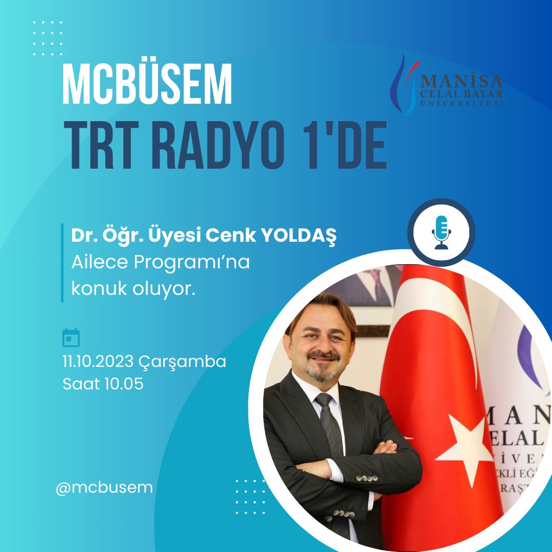 Müdürümüz Dr. Öğr. Üyesi Cenk YOLDAŞ 10.05'te TRT Radyo 1'e konuk oluyor. <a href="/mcbu1992/">Manisa Celal Bayar Üniversitesi</a> #mcbu #trt #radyo1