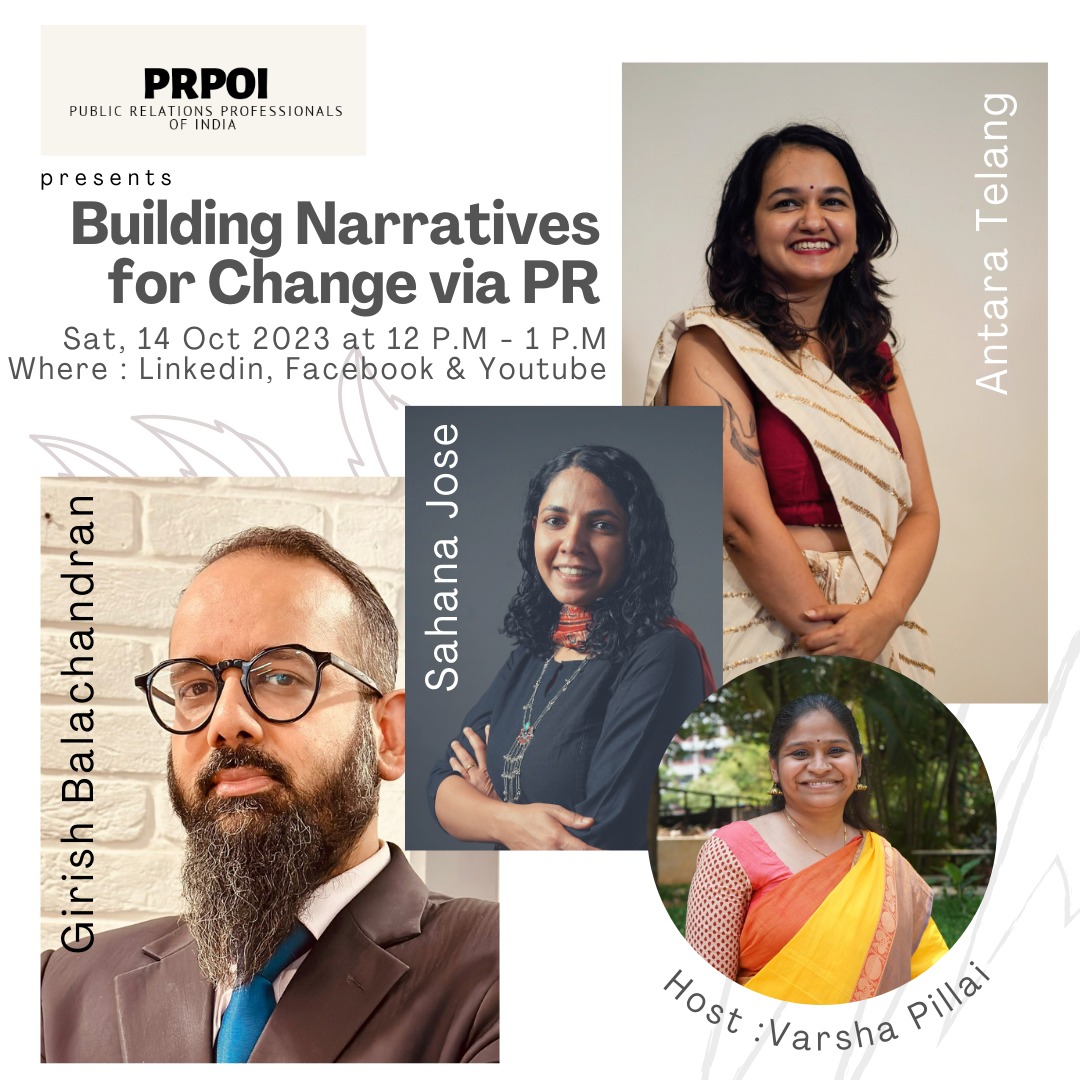 We are all made of stories that form our dominant #narratives, but how are we harnessing it for social change? Can we bring out a change in the status quo through the power of #PR? 

Find out this Saturday with  <a href="/Sahanajose/">sahana jose</a> <a href="/Girisham1/">Bala.OriginalWala</a>
#AntaraTelang <a href="/varshapillai/">Varshaa Pillai</a>