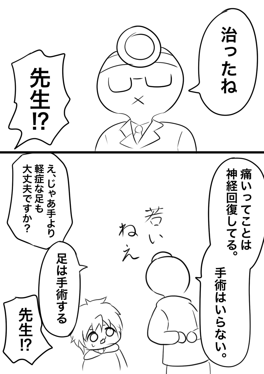 いつも漫画読んでくださってありがとうございます。  今回、火傷の件で疑問を抱いた方、結構いたと思います。  なんせ火傷は左手のことしか言ってないのに、手術したのは右足ですから。とりあえず、こういう経緯です。