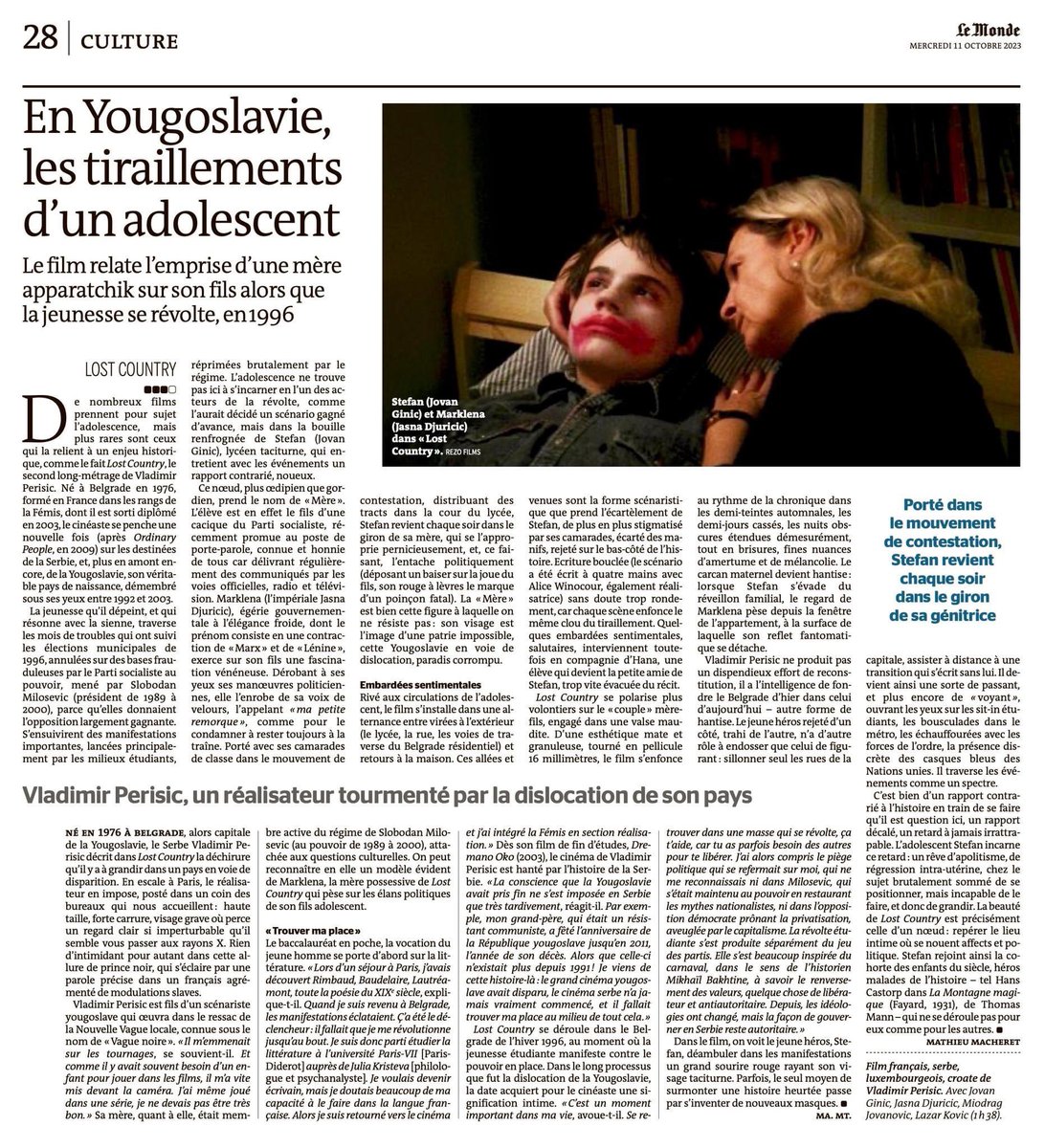 🗞️ Magnifique critique de LOST COUNTRY de Vladimir Perišić dans Le Monde daté de ce jour ! 

🇱🇺 à voir au <a href="/CINEASTfestival/">CINEAST Festival</a> ce jeudi 12 octobre à 18h30 
Réservations ➡️ urlr.me/ZFL2z

🇫🇷 Au cinéma dans toute la France dès aujourd’hui avec <a href="/RezoFilms/">Rezo Films</a> !

<a href="/filmfundlux/">Film Fund Luxembourg</a>