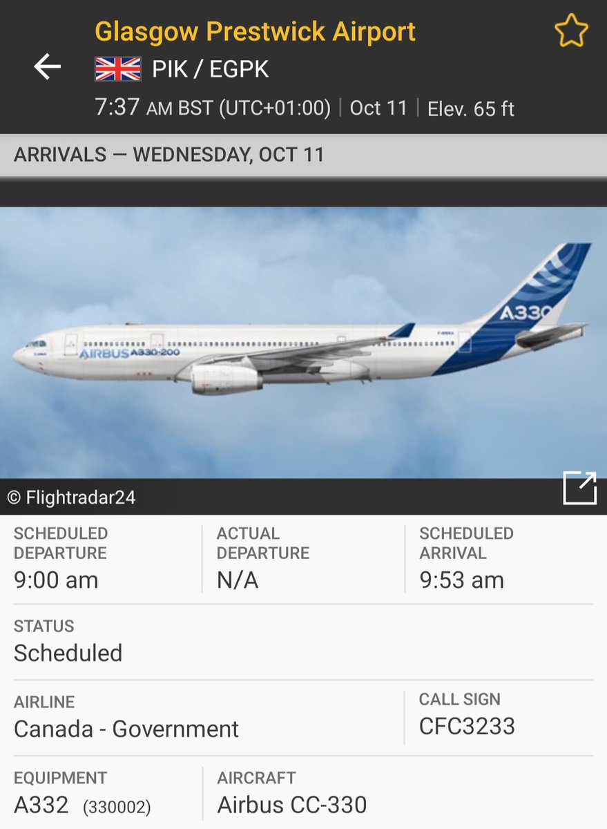 BloodyPolitics's tweet photo. Another day another visit from the spiffy Canadian Government Airbus CC-330 for #Prestwick and #Shannon from East Midlands Airport. Go get 'em. 📸
#CFC3233 330002 #avgeek https://t.co/09dFbw9f8r