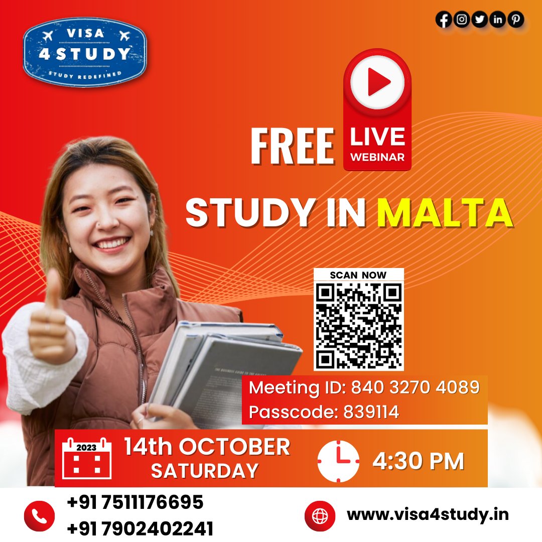Dmvisa4study's tweet photo. Topic: STUDY IN MALTA- Free Live Interactive Webinar
Time: SATURDAY 4.30 PM
Meeting ID: 840 3270 4089
Passcode: 839114
.
.
Contact us
+91 7511176695
+91 7902402241
#visa4study #visa4studykochi #overseaseducationexpo #overseaseducationexpo2023 #StudyinMalta https://t.co/9dPN6vdoKY