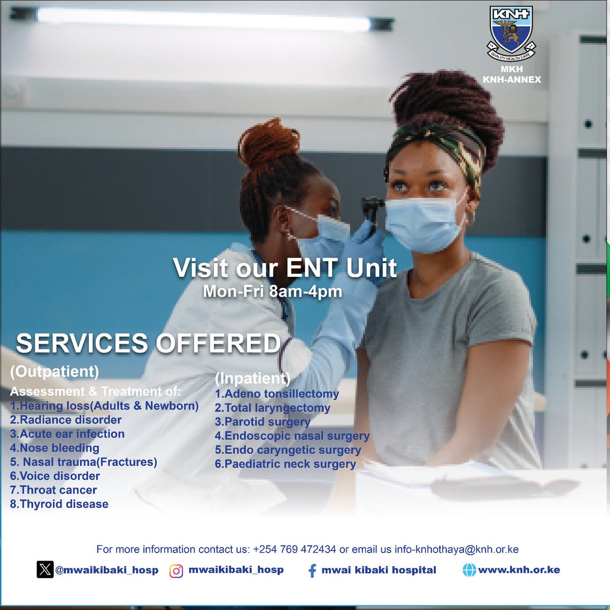 Mwaikibaki_hosp's tweet photo. Each ear deserves exceptional care.
Our ENT specialists are here for all your Ear, Nose and Throat needs.
#HearToHelp
#ENT
#MKHInakujali https://t.co/fApd1uD703