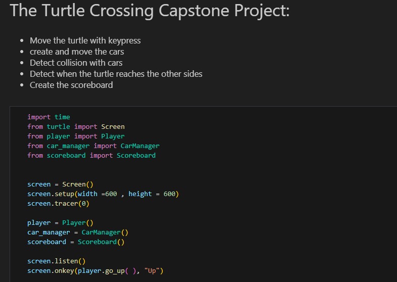 mathametician's tweet photo. Day_23   #100DaysOfCode 
I am here another mini project "The  Crossing Turtle Project "🐢 I applied the concepts of #Class_inheritence and #List_Slicing for built this project.
#pythonprogramming  #code #CodeNewbies #turtlemodule https://t.co/y723H4DCZL
