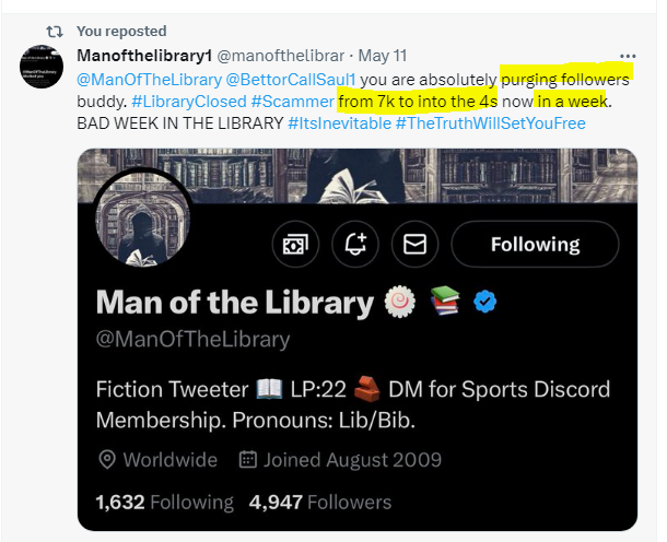 AutisticJosh's tweet photo. Funny.
Back in May 11, MOTL had 4,947 followers. Here we are in October and that number is hovering around 4,917.
Something seems off. Is he buying followers? At the very least, there is no growth. Good. #ReadMoreBooks #CloseTheLibrary https://t.co/mlANAFcYnI