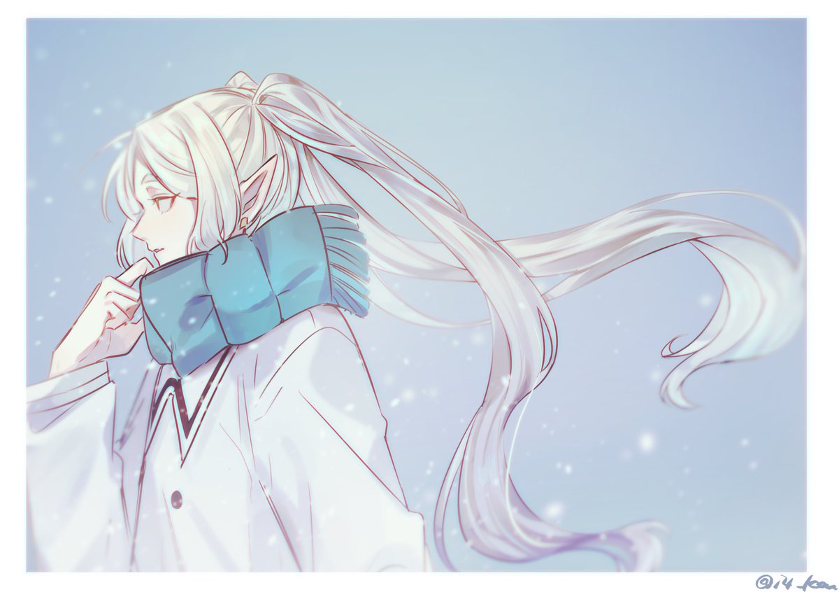 scarf long hair pointy ears solo twintails blue scarf white hair  illustration images