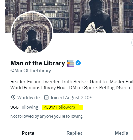 AutisticJosh's tweet photo. Funny.
Back in May 11, MOTL had 4,947 followers. Here we are in October and that number is hovering around 4,917.
Something seems off. Is he buying followers? At the very least, there is no growth. Good. #ReadMoreBooks #CloseTheLibrary https://t.co/mlANAFcYnI