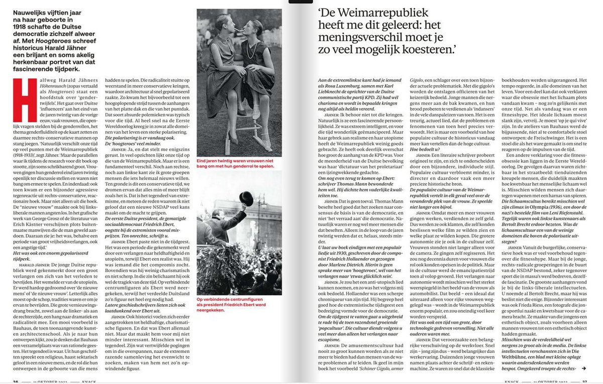 Zopas verscheen de vertaling van 'Höhenrausch' ('Hoogteroes'), een - ik overdrijf niet - briljant portret van de Weimarrepubliek door Harald Jähner. Mijn interview met de schrijver staat vandaag in <a href="/Knack/">Knack</a>.