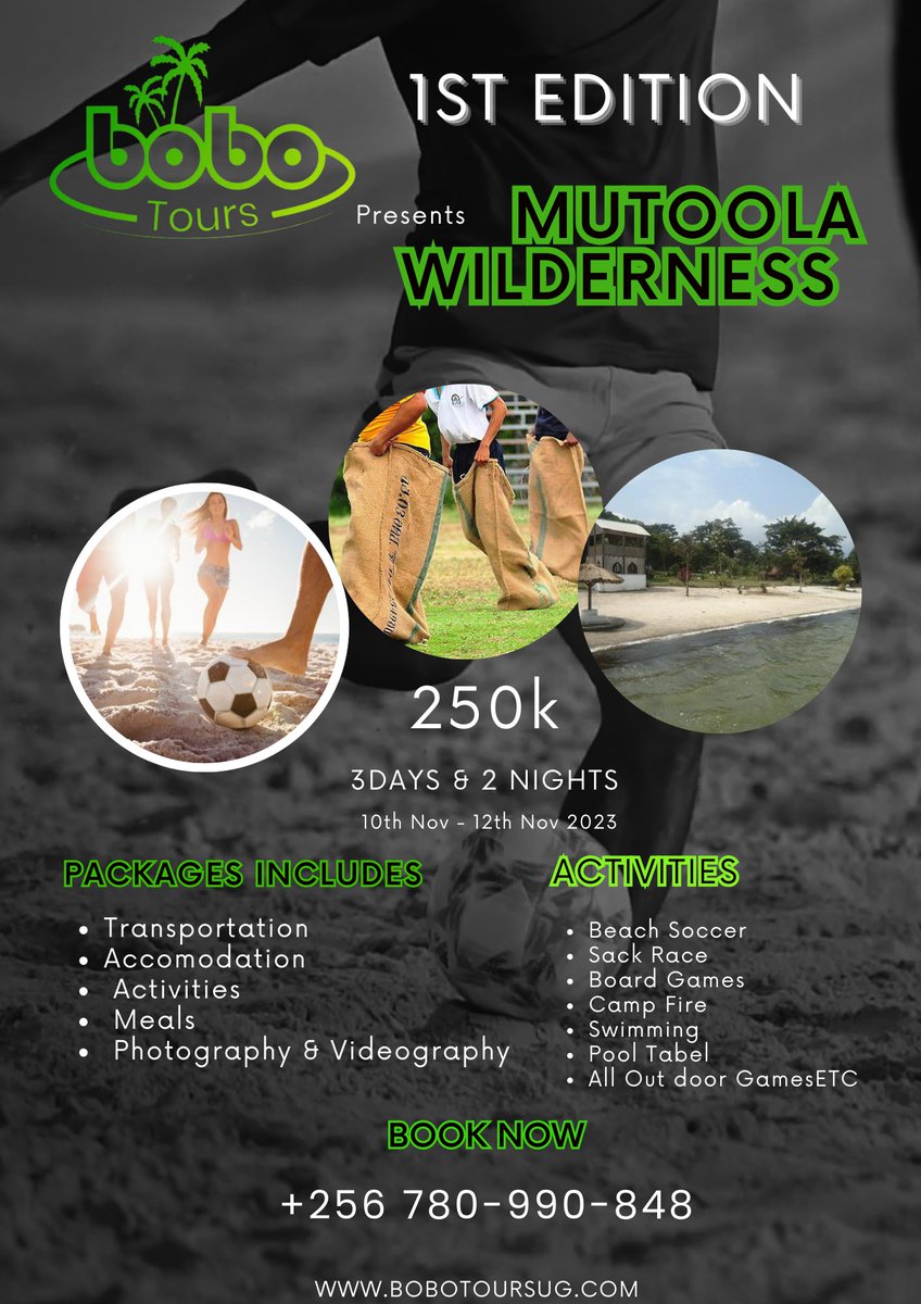 Bobo Tours Ug presents 'Mutoola Wilderness' from 10th - 12th November 2023 at only 250K. Costs cater for transportation, accommodation,activities, meals and photography. Contact for more information, +256 780 990 848