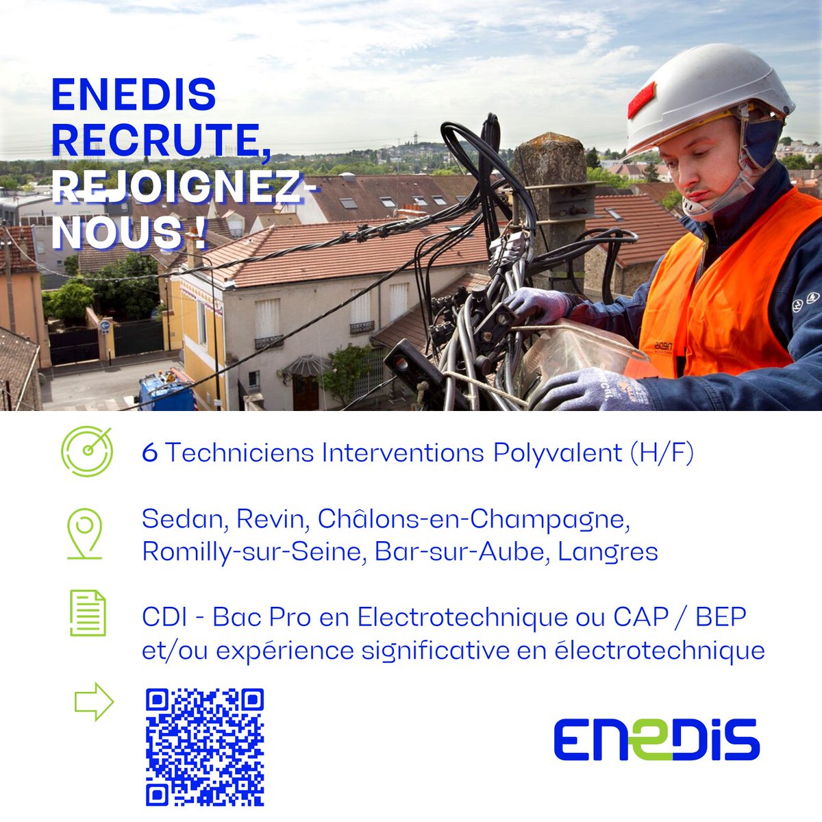 👷🏻‍♀️👷🏻‍♂️Travailler en extérieur &amp; en hauteur ne vous fait pas peur? 
💪🏻Relevez le défi avec la #TeamFranceElectrique : enedis.fr/offres-demploi
📍<a href="/enedis/">Enedis</a> recherche 6️⃣ Techniciens d’Interventions Polyvalents : #Marne #Aube #Ardennes #HauteMarne
<a href="/frederic_lajoux/">Frederic Lajoux</a> <a href="/chrispatrois/">Christine Patrois</a> <a href="/stal67/">Stéphane Allain</a>