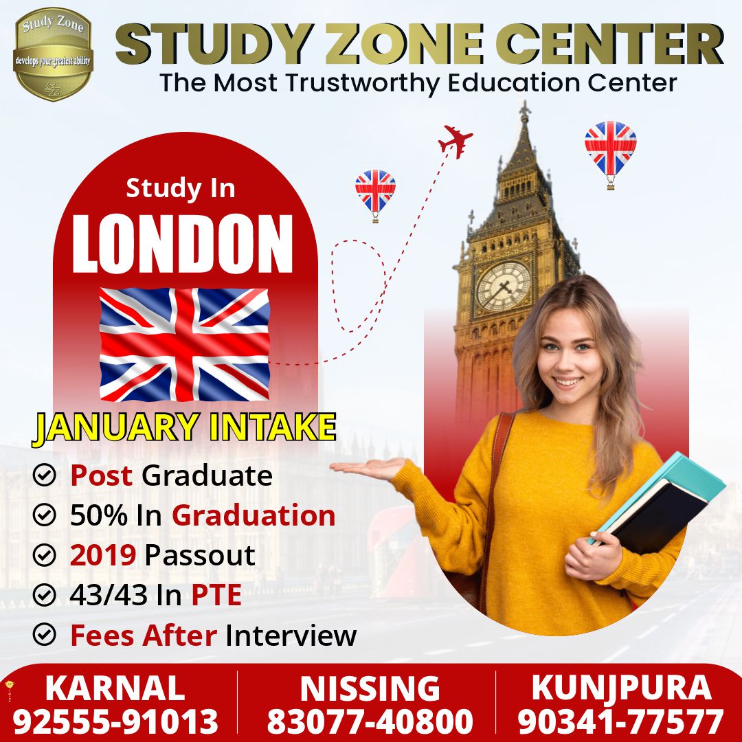 Golden Opportunity For Post Graduated Students. Study In LONDON and Pay Fees After Interview
.
Call Us 📲 :
Head Office Karnal : 92555-91013
Kunjpura Branch : 90341-77577
Nissing Branch : 83077-40800
.
.
#STUDYZONE #JoinNow #studyzonecenter #PTE #pteclasses #ptestrategies