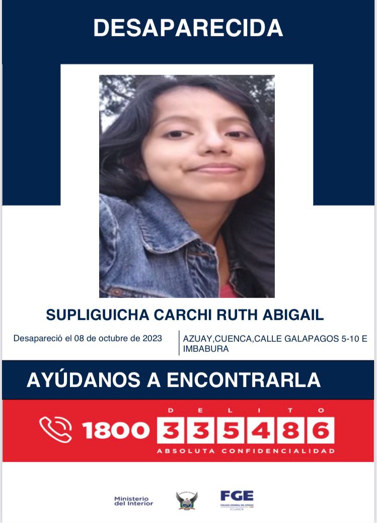 URGENTE
La estudiante Abigail Supliguicha Carchi de la <a href="/udecuenca/">UCuenca</a> está desaparecida.
Su familia y la Universidad le esperan!!

AYÚDANOS a encontrarla!!!