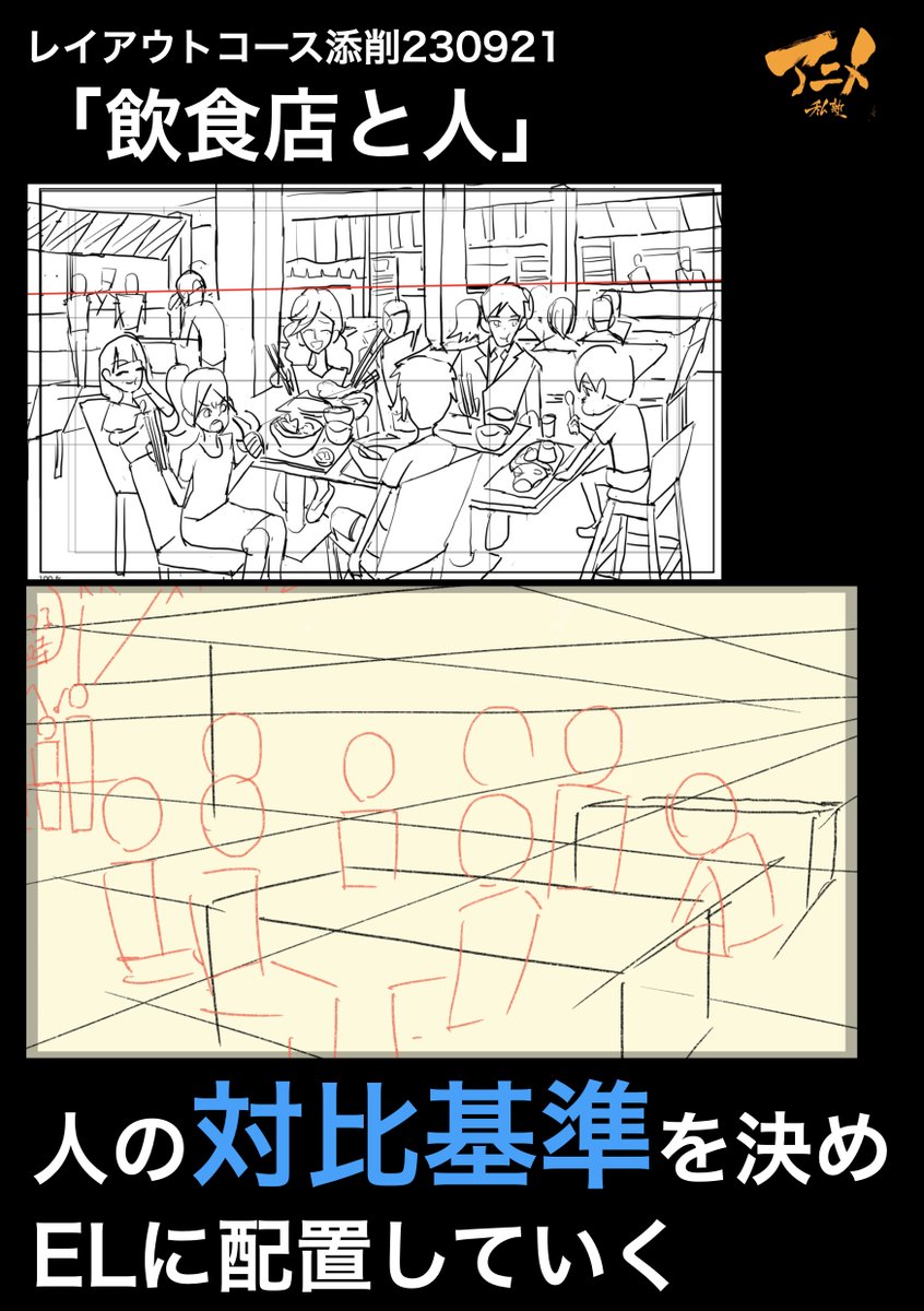 230921レイアウトコース添削『飲食店と人』 ●人の対比基準を決めELに配置していく