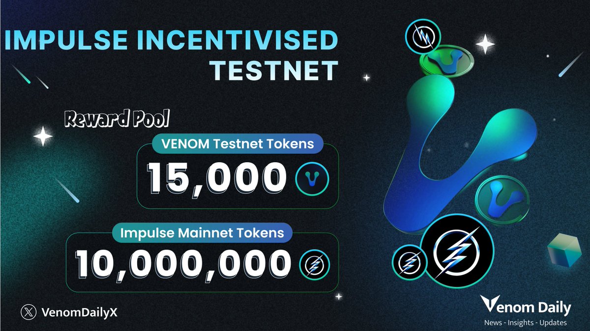 VenomDailyX's tweet photo. 🪂 Introducing Incentivised Testnet Airdrop Campaign by @impulsetoken

🎁 15,000 $Venom Testnet Tokens &amp; 10,000,000 $Impulse Mainnet Tokens

👉 Follow this tutorial: https://t.co/41sQJTdrdU

1️⃣ Like, RT &amp; Tag 3 friends
2️⃣ Comment #VenomNetwork below 👇

#VenomTestnet https://t.co/dggNJwKYxx