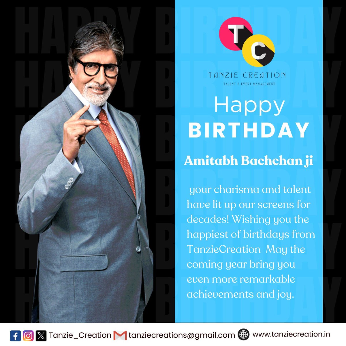 Wishing you a Very Happy Birthday Amitabh Bachchan sir, your charisma and talent have lit up our screens for decades! Wishing you the happiest of birthdays from Team TanzieCreation! 

 May the coming year bring you even more remarkable achievements and joy.

#HBDAmitabhBachchan