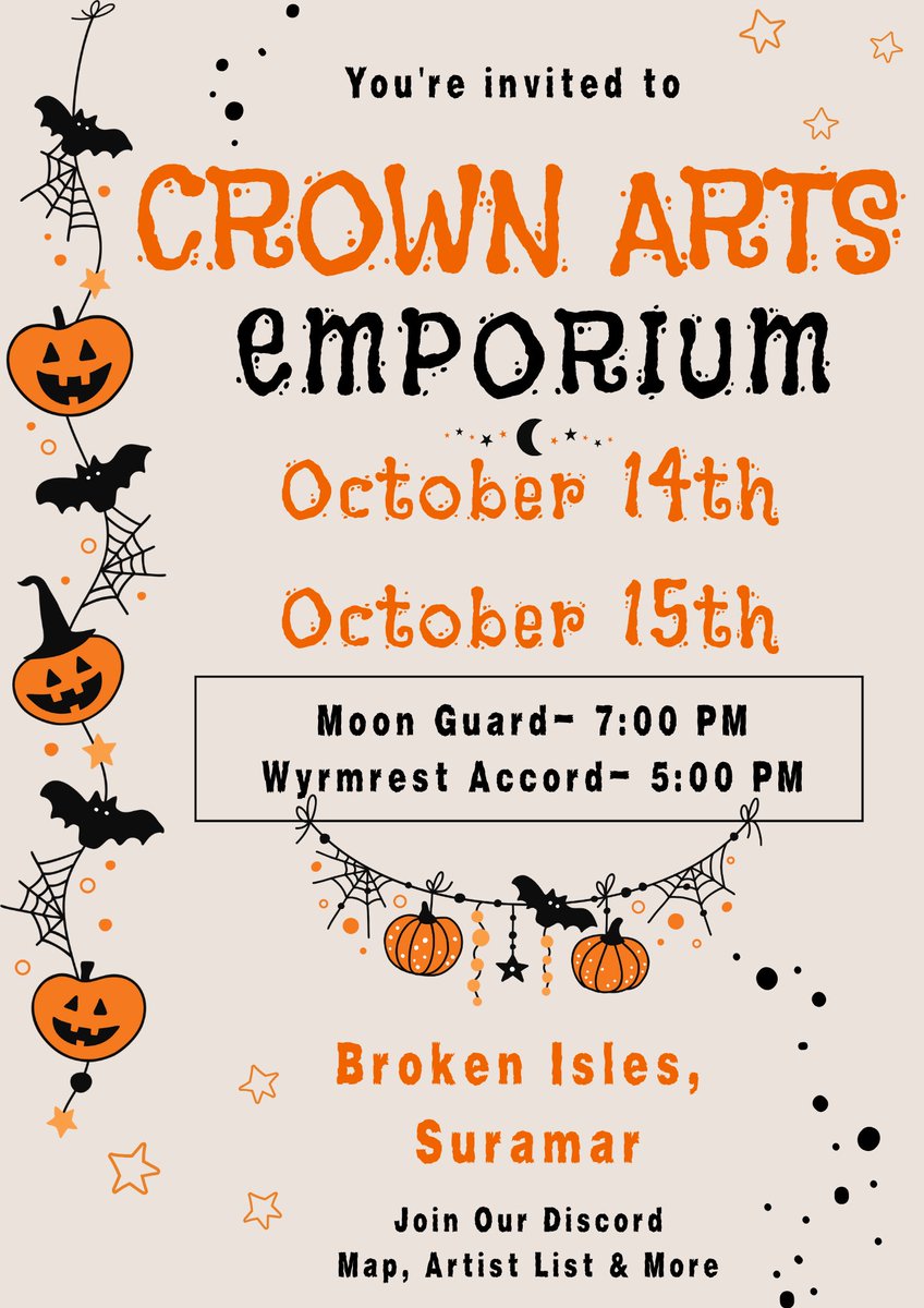 Join us for spooky 2 nights of arts! 
October 14th & October 15th! 🎃💖🎃

 Discord Link via DM's (sorry bots) 💅

#crownartsemporium #crownclub #moonguard #Warcraft #worldofwarcraft #wyrmrestaccord
