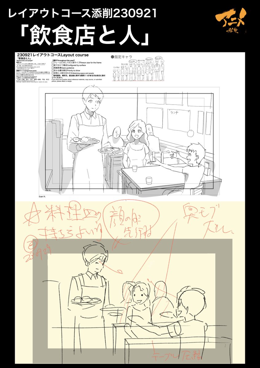230921レイアウトコース添削『飲食店と人』
●人物を大きく配置 