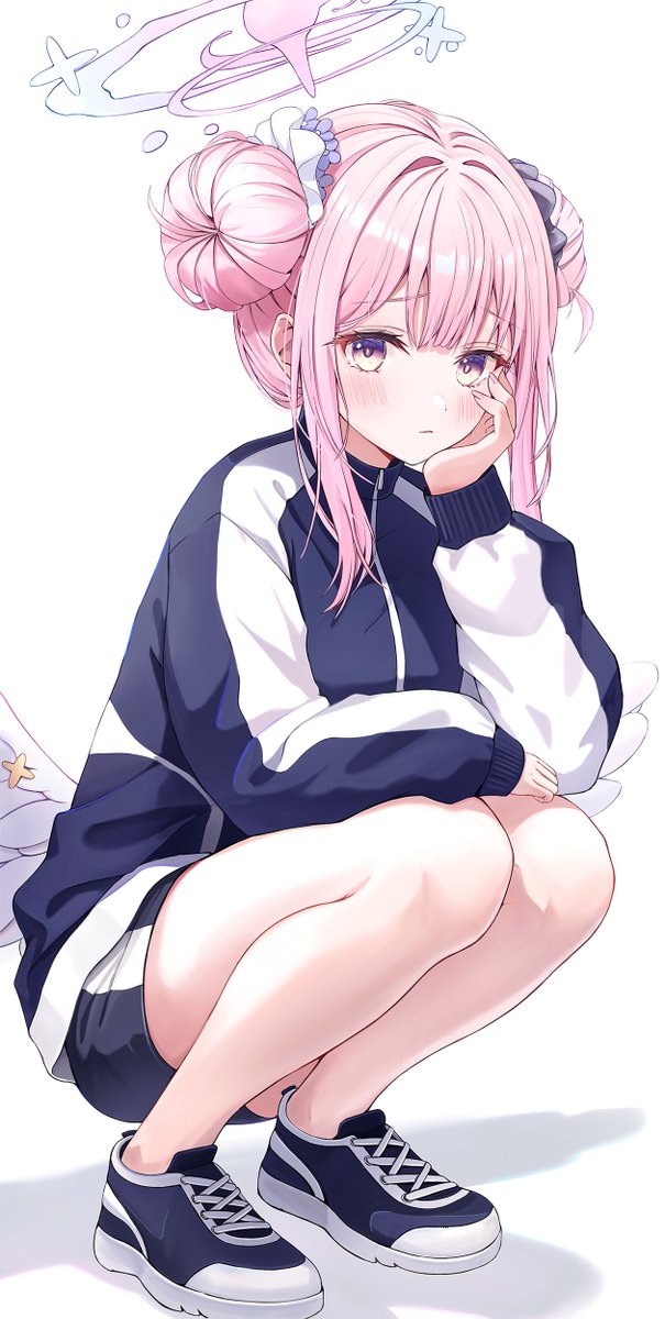 mika (blue archive) 1girl hair bun halo pink hair solo squatting jacket  illustration images