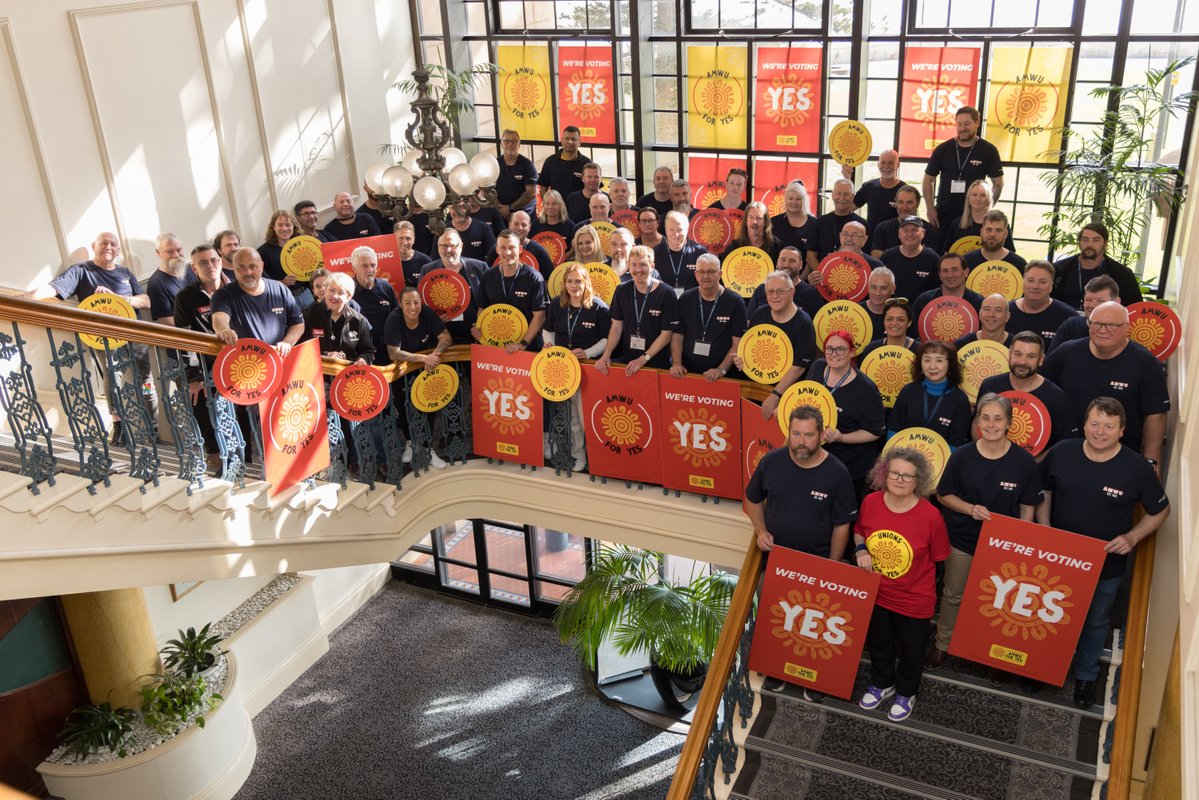 theamwu's tweet photo. You're looking at the AMWU National Conference, our union's highest decision-making body, in solidarity with Aboriginal and Torres Strait Islander people asking for a Voice. Because we make better decisions when we listen to people. It's that simple. #VoiceToParliament #Yes23 https://t.co/gil9YcgUtE