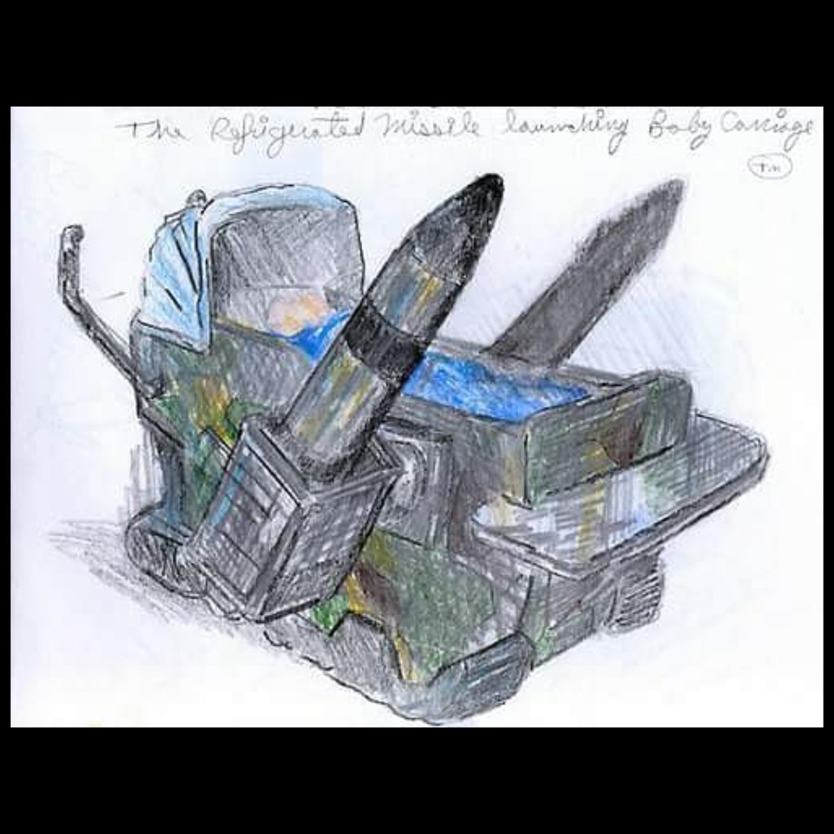 PDcafargo's tweet photo. The Refrigerated Rocket-Launching Baby Carriage (tm). Study for a sculptural piece. Drawing on paper. 1989. https://t.co/fHI4j5yz6u
#militaryindustrialcomplex #foreverwars #apocalypse #distraction #art #drawing #graphics #studioart #Cafargo https://t.co/bAMwwgnLVI