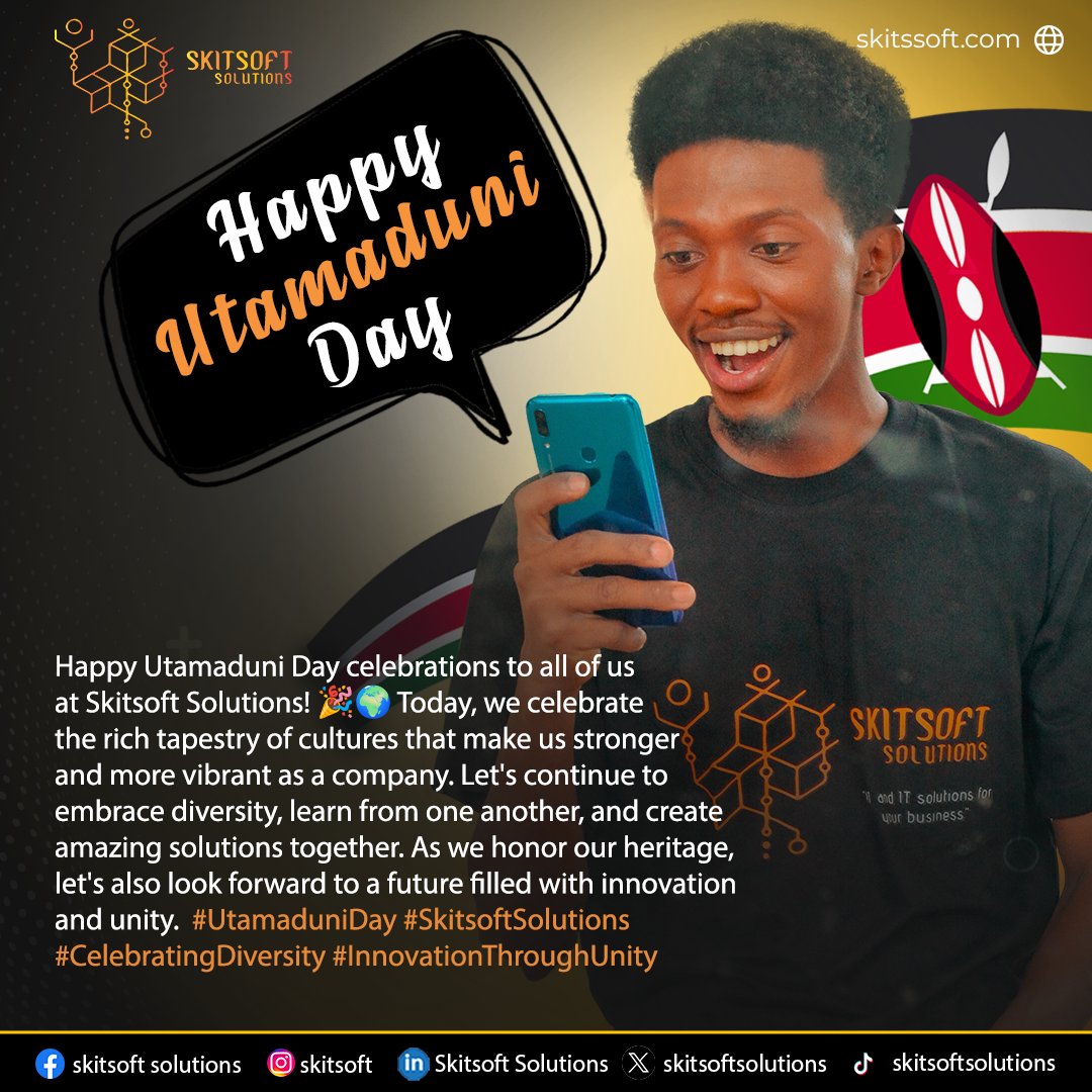 SkitsoftS's tweet photo. Happy Utamaduni Day from all of us at SkitSoft Solutions! As we celebrate our rich cultural heritage today, we’re reminded of the diversity and creativity that fuels our innovation. Here’s to a future where technology and tradition go hand in hand. #UtamaduniDay #SkitSoft https://t.co/J747fLKIUW