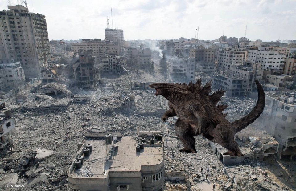 DanRubio16's tweet photo. @doqholliday @dom_lucre Attention: the truth about who’s really fighting hamas. Israel has deployed “Godzilla”. Apparently he is held underground. Governments don’t want us to know the truth. He was first found and trained underground through access points in Antartica. https://t.co/HE84FLyAE2