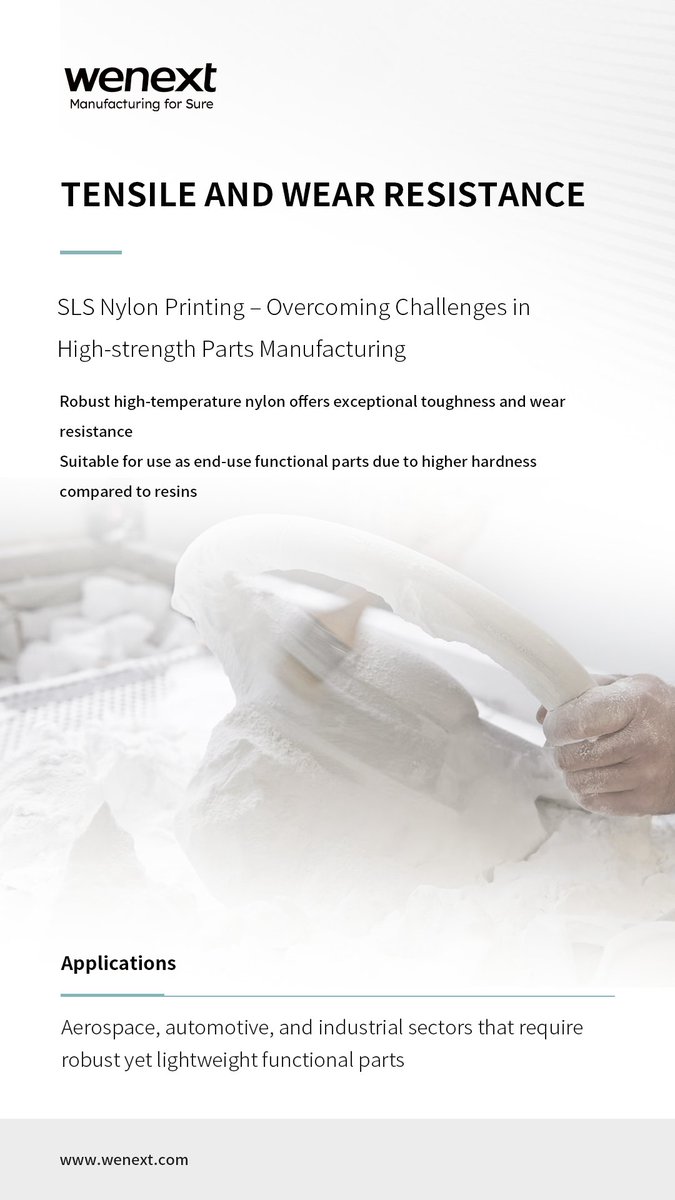 Wenexttech's tweet photo. Nylon is a synthetic thermoplastic material with better weathering properties, sunlight resistance, and a higher melting point. It's commonly used across various civil and military applications due to its excellent mechanical properties. #sls #3dprinting #3dmaterials #technology https://t.co/4nvx1YPWdz