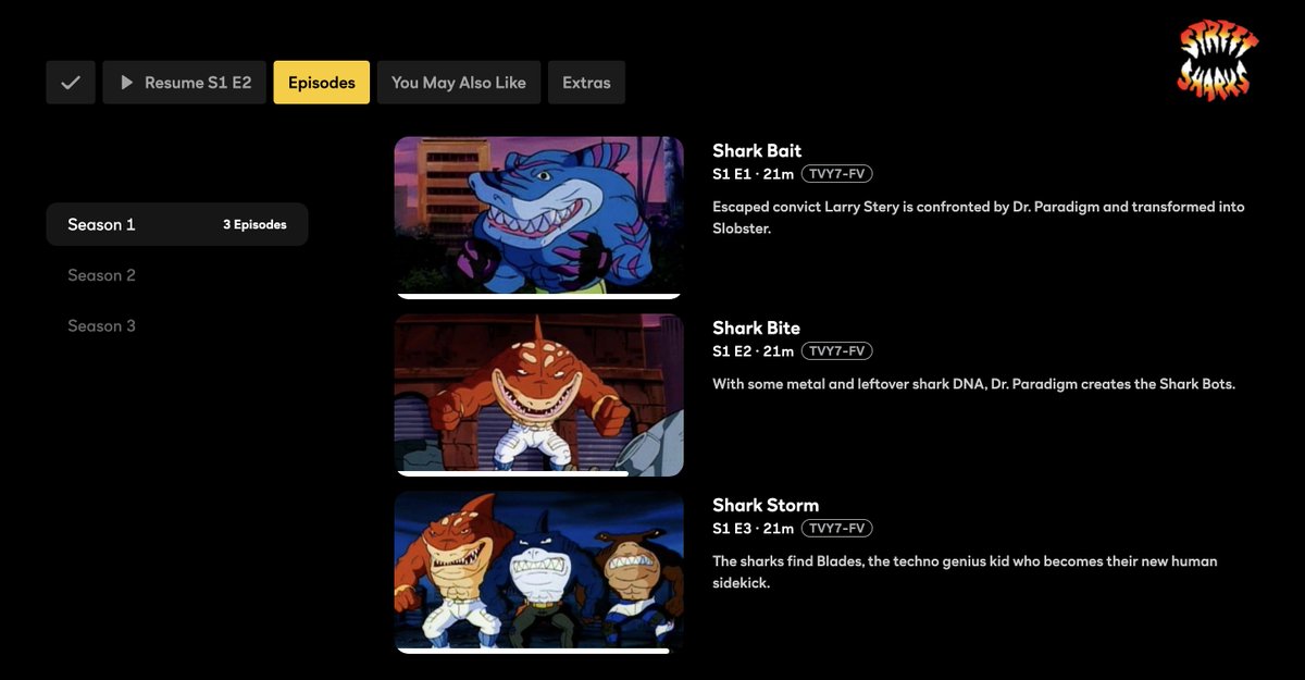 Soooo, <a href="/peacock/">Peacock</a>, what's up with these Street Sharks episode descriptions? Because they are... not correct. 

(But if you change "Larry Stery" to "Pug Mugsly," I will delete this tweet and we can pretend nothing ever happened.)