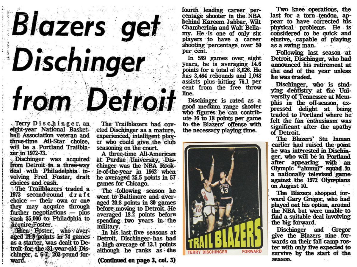 77Blazers's tweet photo. RIP to former @trailblazers great #TerryDischinger

Dischinger came to #Blazers in trade w/@DetroitPistons on July 31, 1972. He avg 6 pts &amp; 3 rebs in 61 games but was really acquired by #Portland for his veteran leadership for the young team 

#RIPCity https://t.co/zFqmRvnU1i
