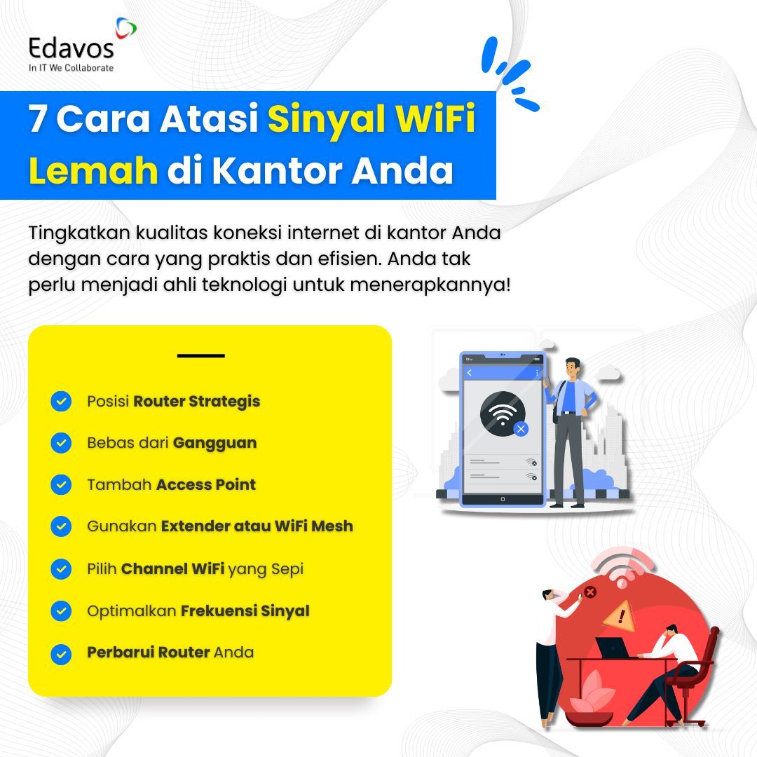 Masalah Umum di Kantor: Sinyal WiFi Lemah 📶🚫 Apakah Anda sering mengalami sinyal WiFi lemah di kantor? Jangan khawatir, kami punya solusi! 🔎 Pelajari 7 cara ampuh untuk mengatasi masalah ini. Dan jika Anda ingin hasil terbaik, manfaatkan jasa WiFi assessment #Edavos. ✨