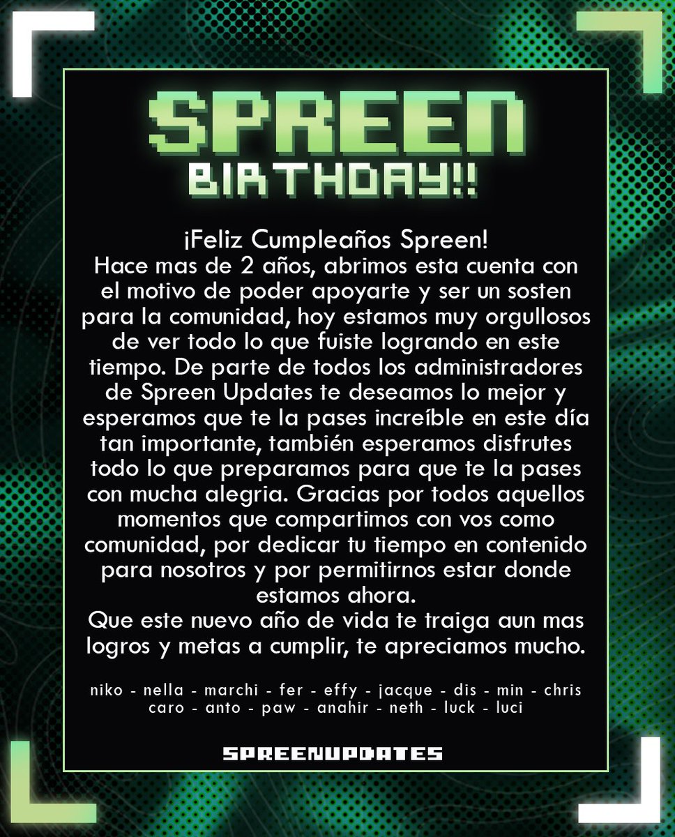 SpreenUpdates's tweet photo. — ¡Feliz Cumpleaños @SpreenDMC! 🥳💚

#HappyBirthdaySpreen https://t.co/SP1Vih7t5q