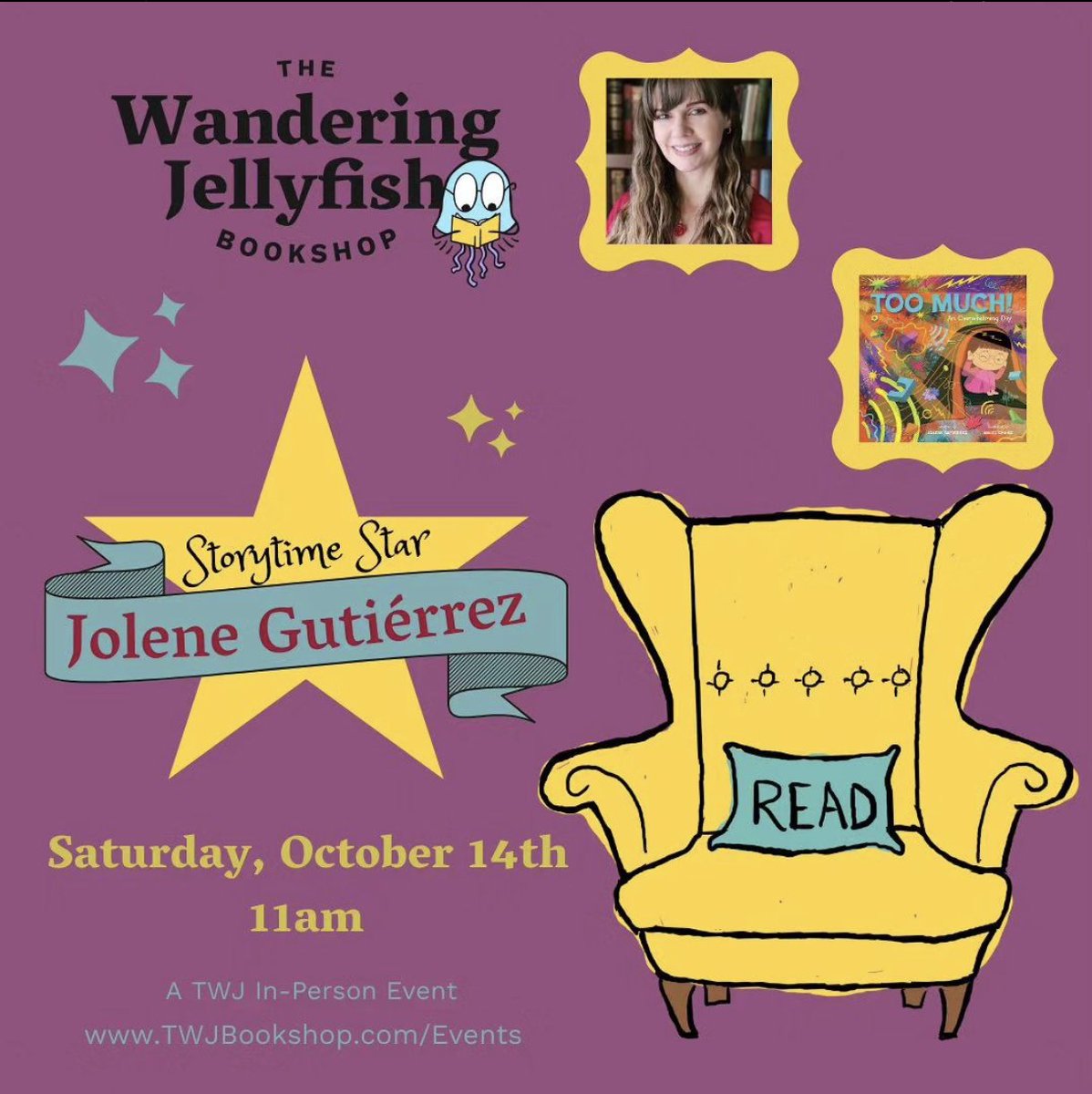 This Saturday at 11 am, I'll be in Niwot at <a href="/TWJBookshop/">The Wandering Jellyfish Bookshop</a> ! Hope to see you there!! 📚

We'll be doing #storytime with my book TOO MUCH!, activities, and book signings! 💖🎉

RSVP here: twjbookshop.com/events/storyti… 

#amreading #picturebooks #kidsbooks #booktwt #kidlit #BookTwitter