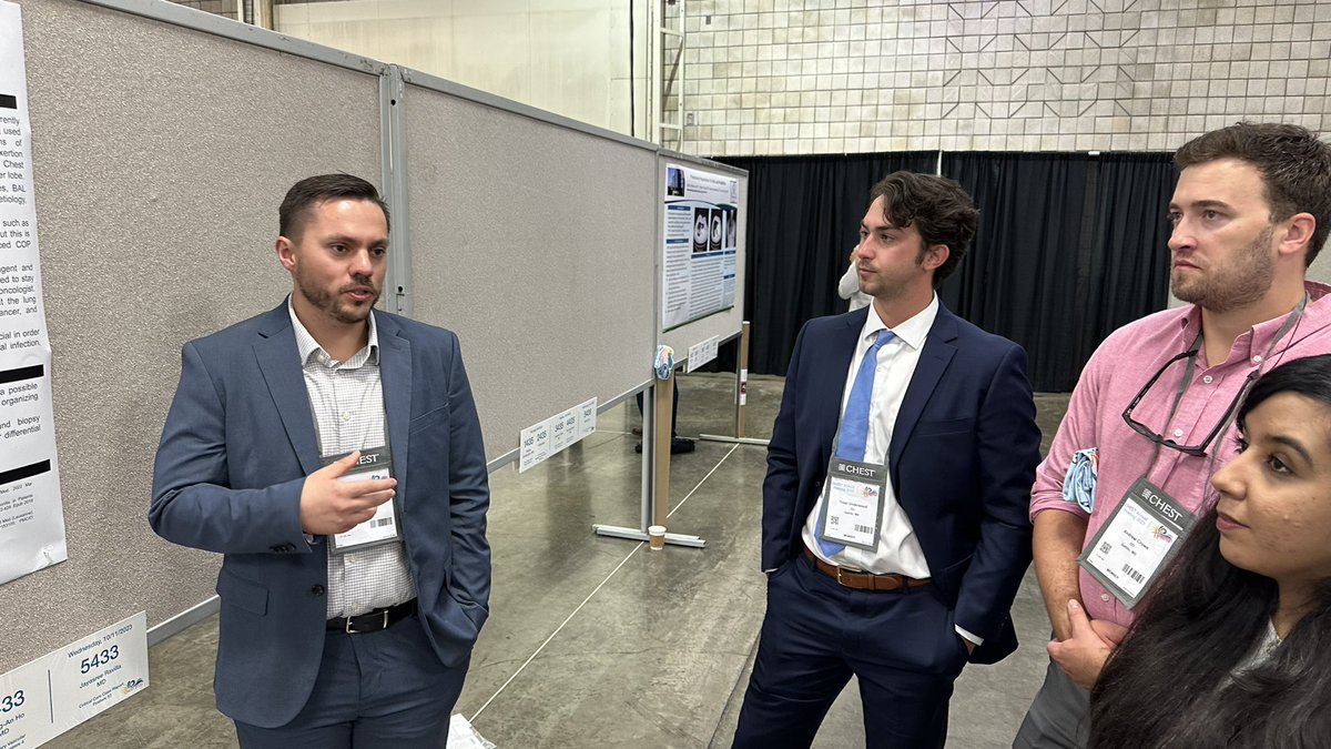 What an energized and great group at today’s #CHEST2023 poster session! 10/10/23, 9:40 AM — Lung Pathology Case Report Posters Speakers - Sai Rakshith Gaddameedi - Akhya Sharma - Jordan Torres - Trest Underwood