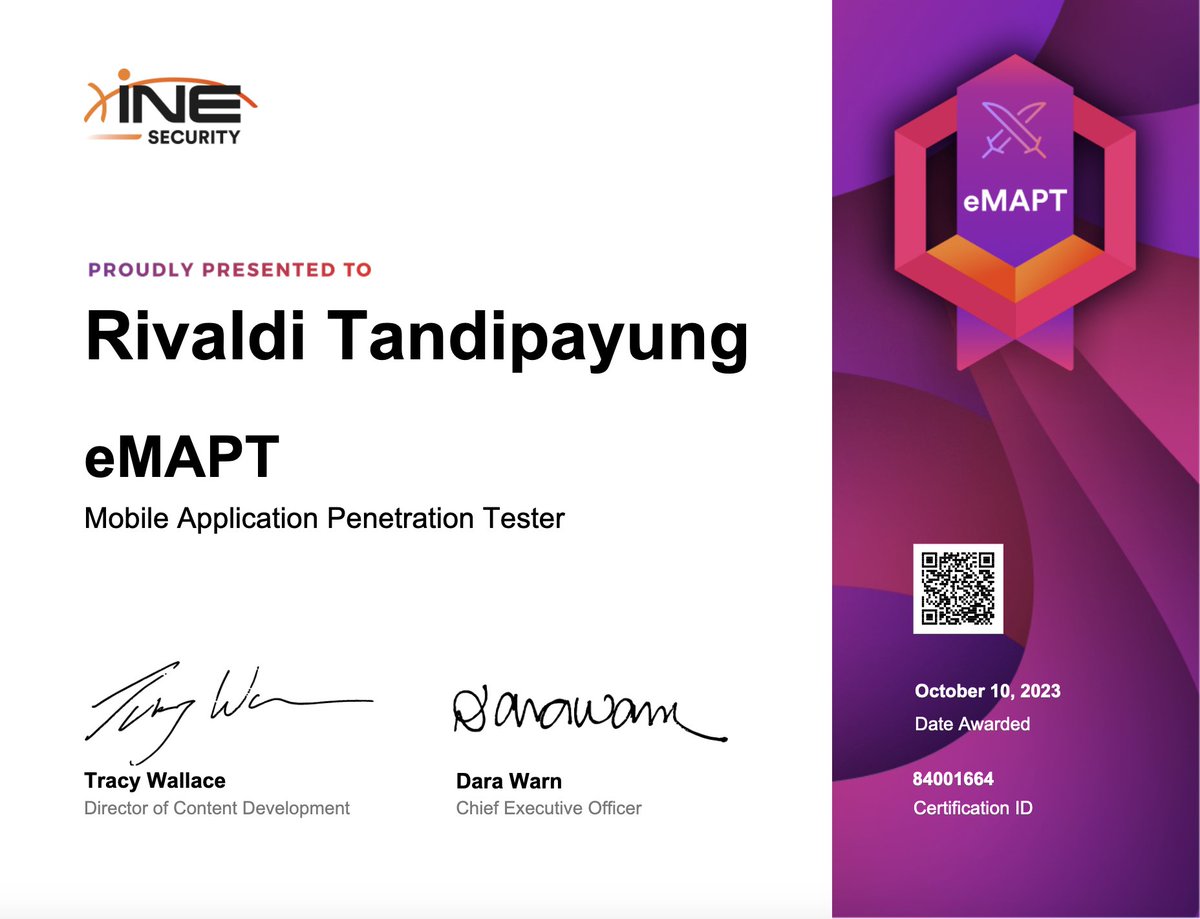 rival_rvdt's tweet image. eMAPT certified just yesterday.
Thank you @ine #eLearnSecurity 
#eMAPT #certified #PenetrationTesting
certs.ine.com/19af201b-93b6-…