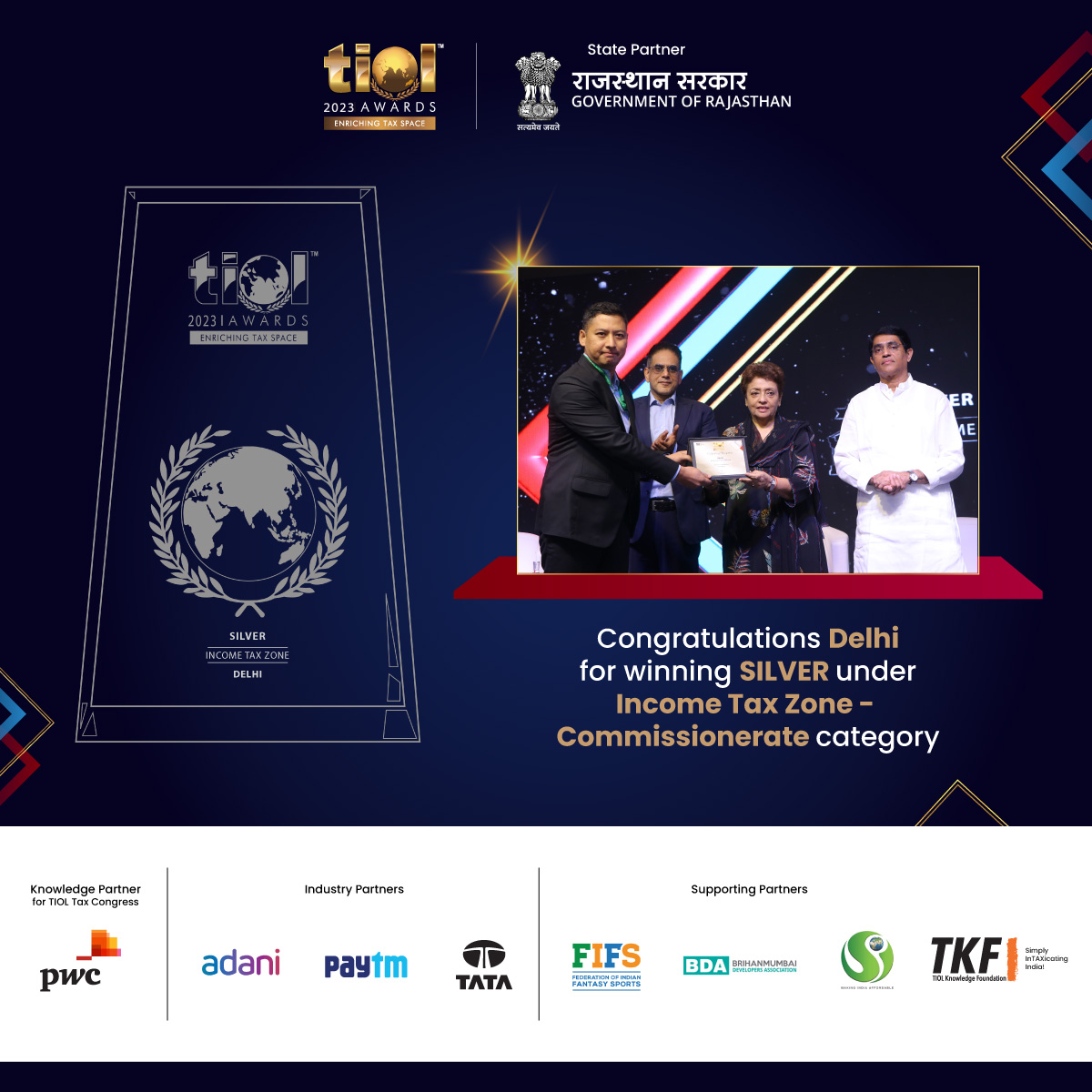 TiolAwards's tweet photo. TIOL Knowledge Foundation congratulates Delhi on winning SILVER under Income Tax Zone, Tax Commissionerates category. 

@IncomeTaxIndia @FinMinIndia @nsitharamanoffc 
@BugganaRaja @PwC_IN @AdaniOnline @Paytm @TataMotors @FIFS_Official @signatureglobal @gautammehra99 https://t.co/Y71EWaC8TJ