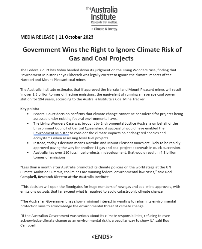 TheAusInstitute's tweet photo. FOR IMMEDIATE RELEASE | Government Wins the Right to Ignore Climate Risk of Gas and Coal Projects

"If the Australian Government was serious about its climate responsibilities, refusing to even acknowledge climate change as an environmental risk is a peculiar way to show it.” https://t.co/ZUB6yfd4ML