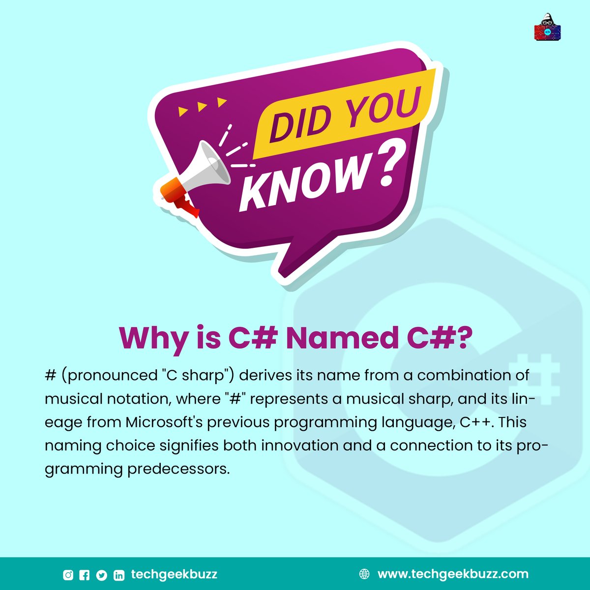 techgeekbuzz's tweet image. 🎶🔗 The Fascinating Origins of C# Language Name: A Blend of Music and Coding Heritage! 🎶💻
#CSharp #ProgrammingOrigins #CodingTrivia #Microsoft #ProgrammingLanguage