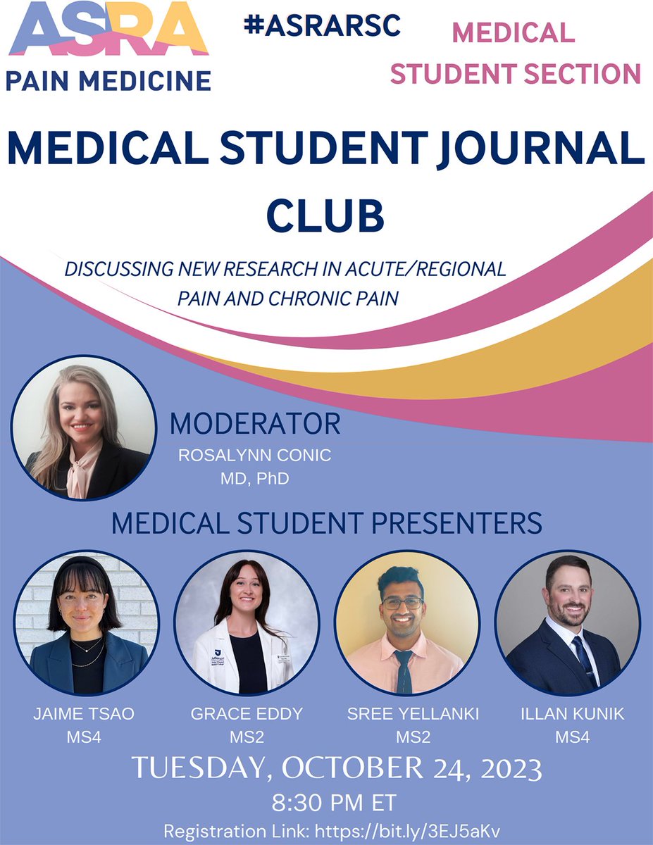 Exciting news! The #ASRARSC Medical Student Section is launching a National Medical Student Journal Club! Register now for our first ever meeting Tuesday, October 24, at 8:30 PM ET, which will discuss new research in regional/acute pain & chronic pain! bit.ly/3EJ5aKv