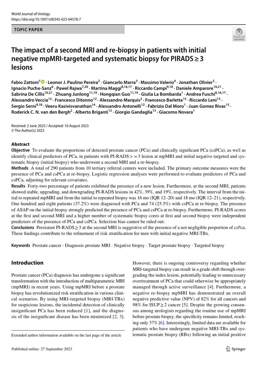 Persistent PIRADS ≥ 3 at the 2nd MRI is suggestive of the presence of not negligible proportion of clinically significant #prostatecancer These findings contribute to the refinement of risk stratification for 👴🏼 with initial negative MRI-TBx link.springer.com/article/10.100… @EAUYAUrology