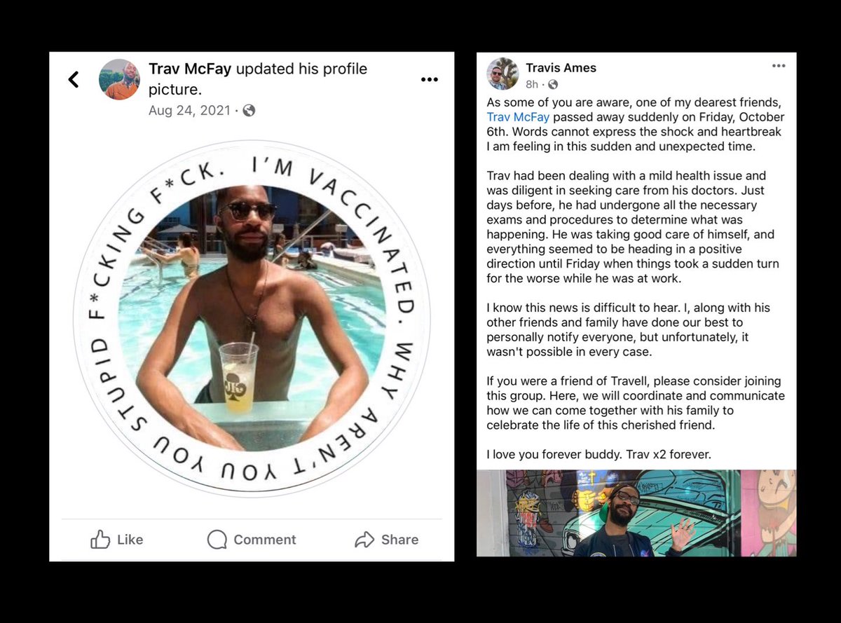 “I’m vaccinated, why aren’t you you stupid f*cking f*ck.” 

Ironically, Travell McFay collapsed and died at work. He was 36 years old. He started suffering seizures in March of 2023. 

I’ve told this exact same story a thousand times. It’s the vaccine.