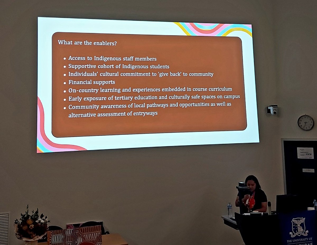 Corinamodderman's tweet photo. What are the enablers? Access to Indigenous staff members on campus, this is vital to feel safe, to seek support with everyday challenges, encouragement etc. Demonstrating the many hats Aboriginal staff at Universities wear. Barriers: confusing systems, family obligations etc. https://t.co/8AYdu7DsIm