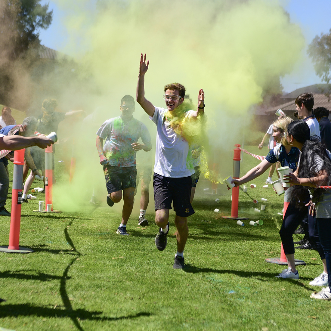TheKnoxSchool's tweet photo. It's almost time for our Year 12s to leave us, and as part of their farewell week they ran the gauntlet of a colour run this afternoon. Even the teachers and mentors joined in the celebration.  Very messy but a whole lot of fun. Two days to go! #year122023 #theknoxschoolaustralia https://t.co/9plycBmfvK