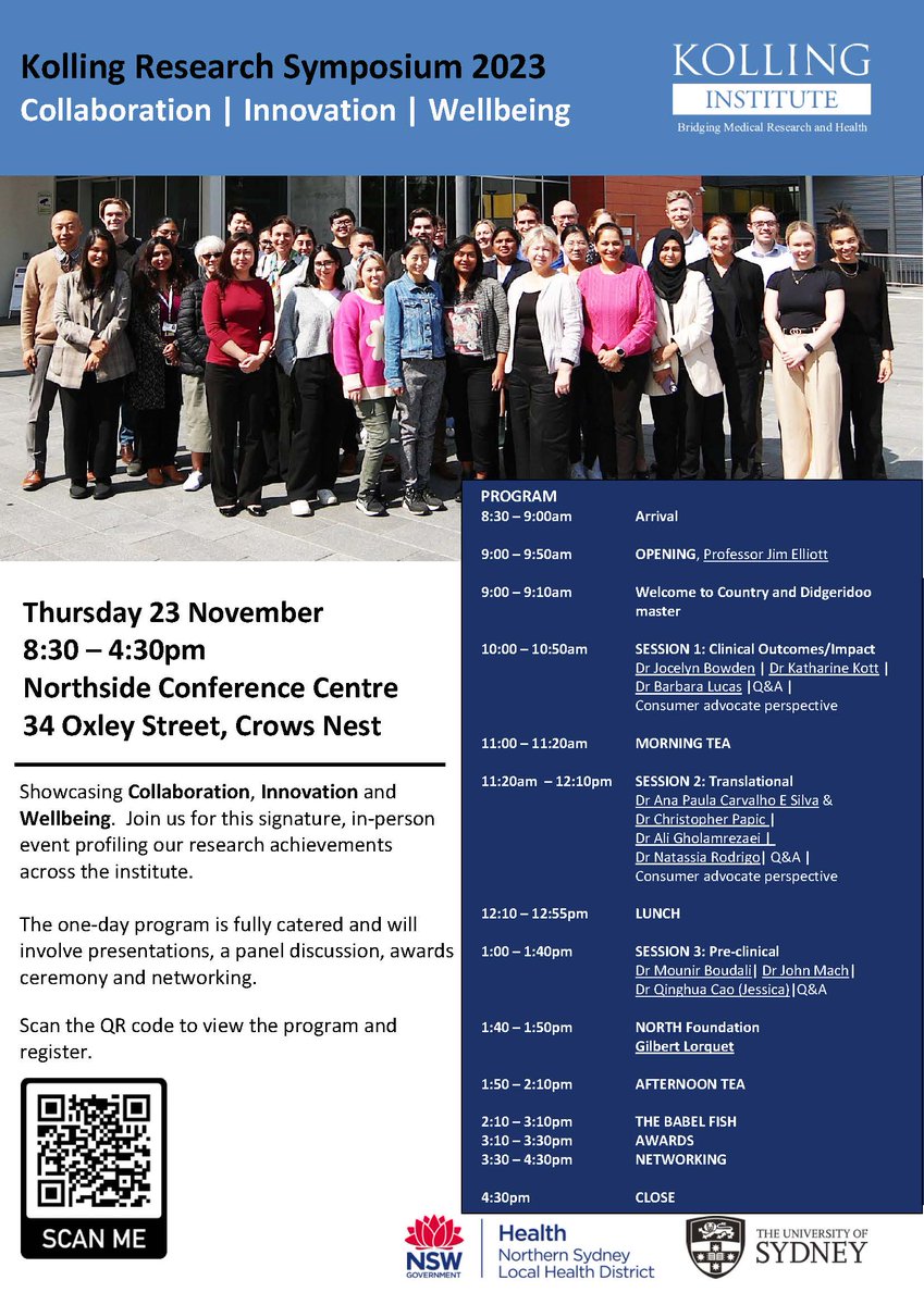 Join us for the inaugural @KollingINST Symposium, showcasing our research achievements across the institute. This exciting one-day event is fully catered, and will feature a large collection of dynamic researchers. Register now. kolling.swoogo.com/KollingSymposi… @NthSydHealth @syd_health