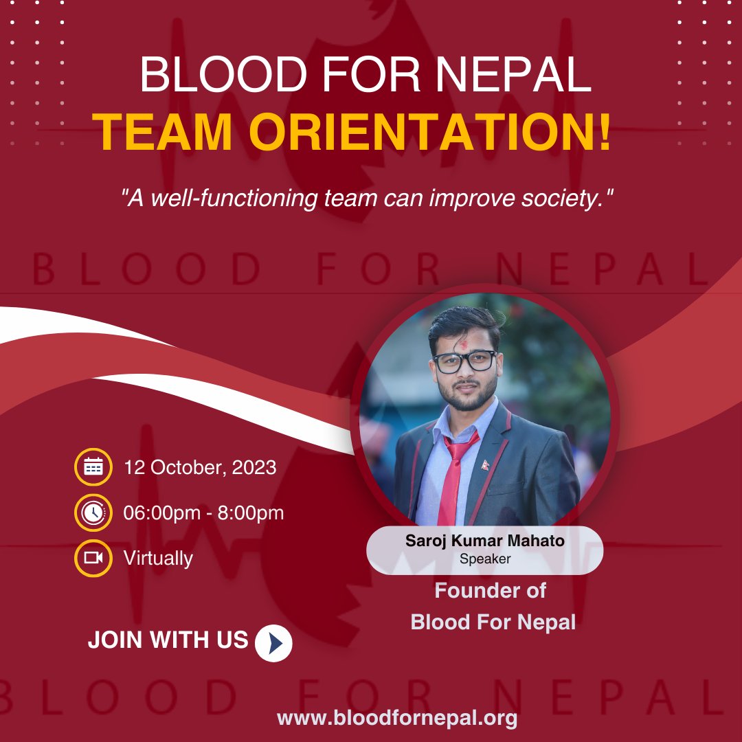 bloodfornepal's tweet photo. Hi everyone,
Please welcome Mr. Saroj Kumar Mahato, Founder of the Blood For Nepal as Speaker for our Blood for Nepal (BFN) Team's orientation program.
#BFN #BloodForNepal #BFNTEam #WeshareWeCare #BloodForNepalTeamOrientation https://t.co/68OsdUt6Cy