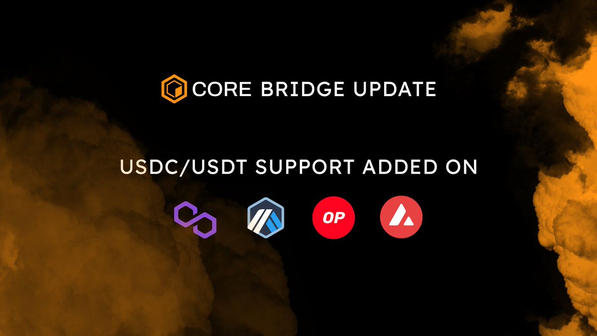 Confirmed! The #CORE Bridge has been updated. Support for USDC/USDT have been added on the following networks:
- <a href="/0xPolygon/">Polygon</a>
- <a href="/arbitrum/">Arbitrum</a>
- @optimismFND
- <a href="/avax/">Avalanche🔺</a>

Check it out: bridge.coredao.org/bridge

Stay informed. #CoreDAO #Coretoshis